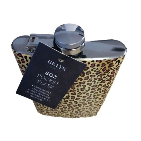 Gold Leopard Print 8oz Stainless Steel Pocket Drinking Flask NWT - Picture 4 of 11
